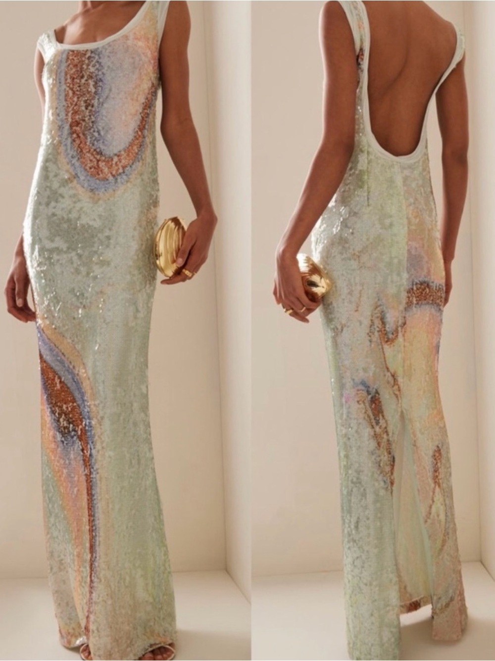 Jonathan Simkhai Serene Seafoam Marble Print Sequin Maxi Dress Gown